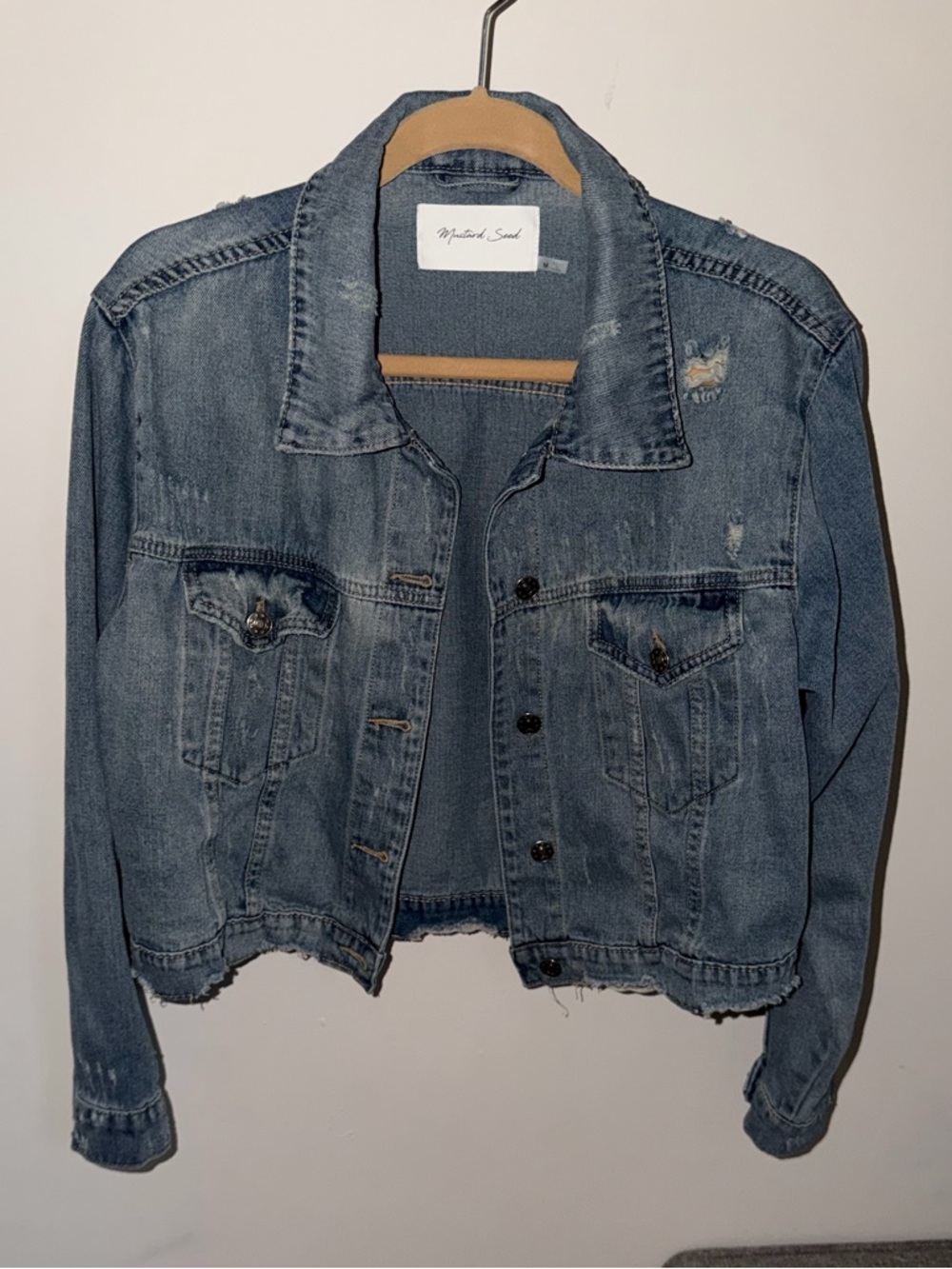 Mustard Seed Distressed Light Blue Denim Jacket